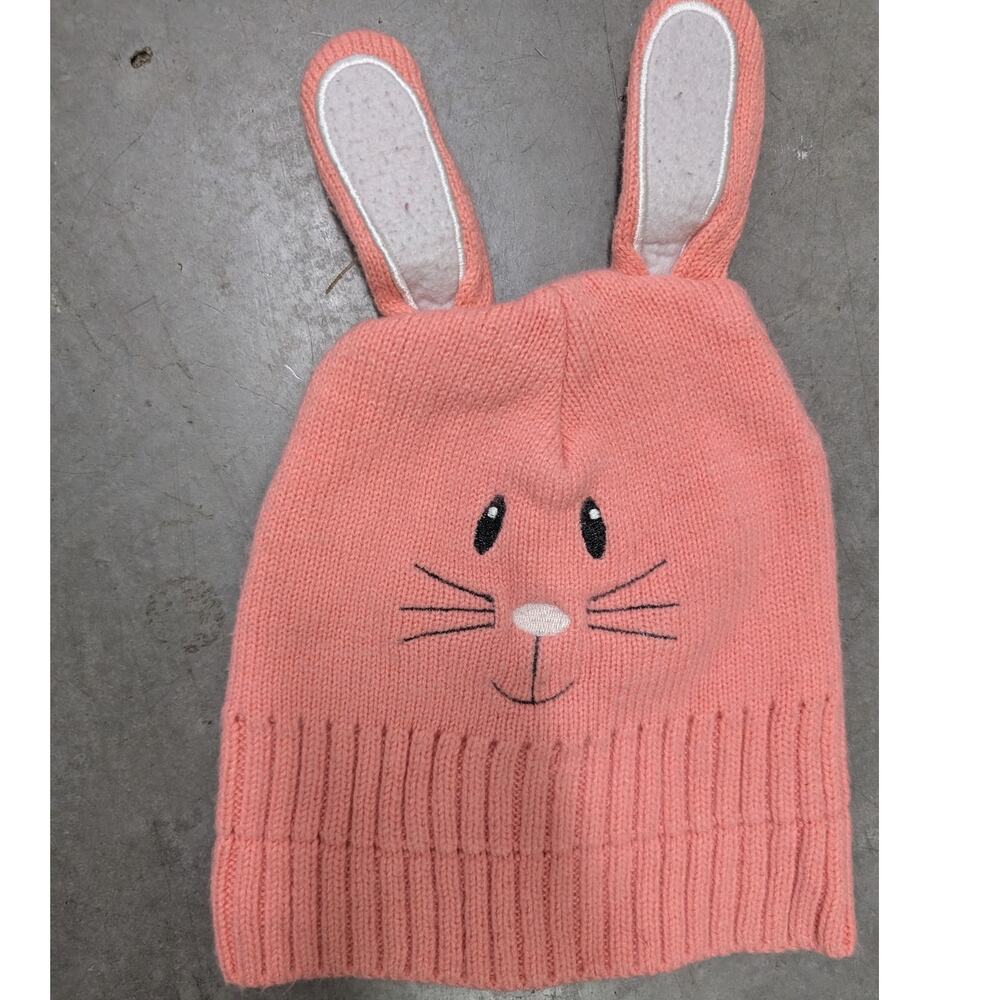 Unbranded Pink Knit Bunny Beanie With Ears Embroidered Face One Size Kids Animal